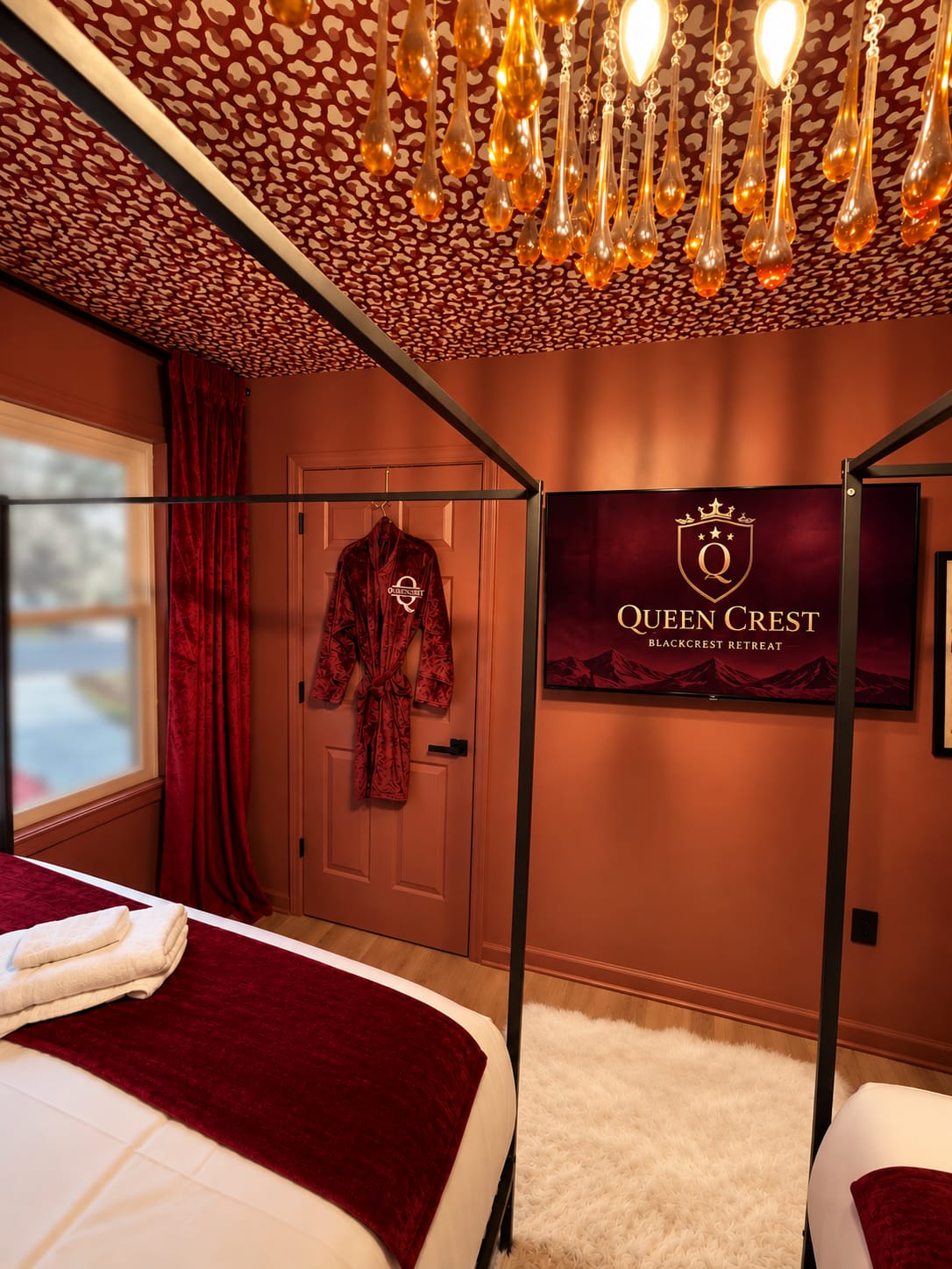 Queen Crest canopy bed, branded TV screen, and monogrammed robe